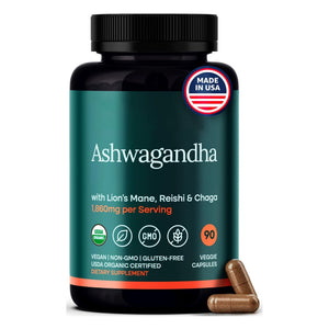 USDA Organic Lions Mane Supplement Capsules with Ashwagandha, Chaga, Reishi, Cordyceps, Turkey Tail (18,600mg/serv) 10x Adaptogenic Mushroom Complex as Focus Supplement - Energy, Immunity & Nootropic