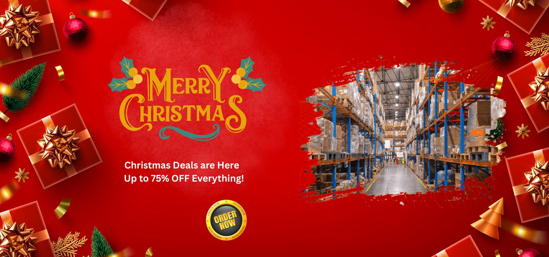Red Christmas-themed promotional banner with warehouse interior and sale text.