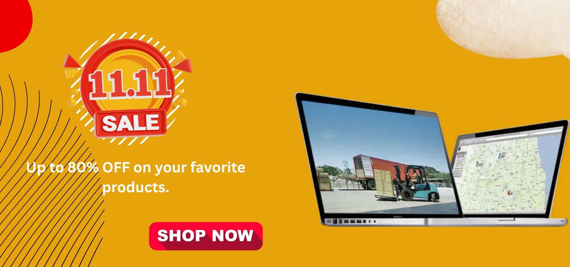 Promotional banner for 11.11 sale with laptop images and text on a yellow background