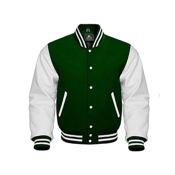 Green and white varsity jacket on a white background
