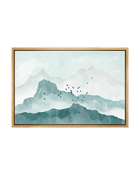Wall26 Framed Canvas Print Wall Art Green Watercolor Mountains & Birds Nature Wilderness Illustrations Modern