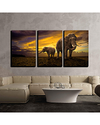 Wall26 “ 3 Piece Canvas Wall Art “ Elephants Family On Sunset