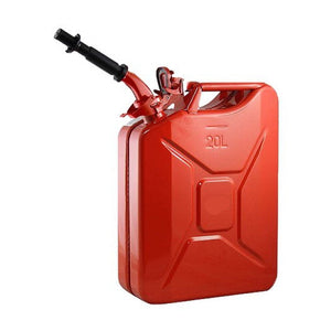 Red fuel canister with a black nozzle on a white background