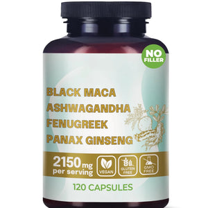 Why Not Natural 4-in-1 Organic Black Maca Root, Ashwagandha, Fenugreek, Panax Ginseng Capsules, Supplement for Men and Women