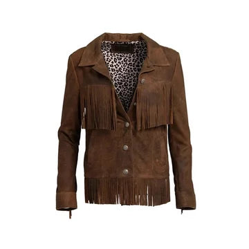 Brown suede jacket with fringes on a white background