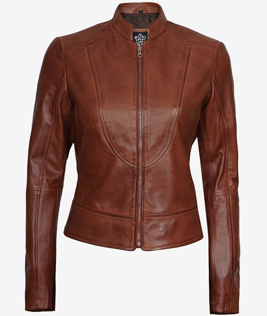 Womens Slim Fit Cognac Leather Biker Jacket