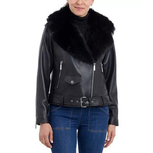 Yelvyn Shearling Fur-Collar Moto Leather Jacket