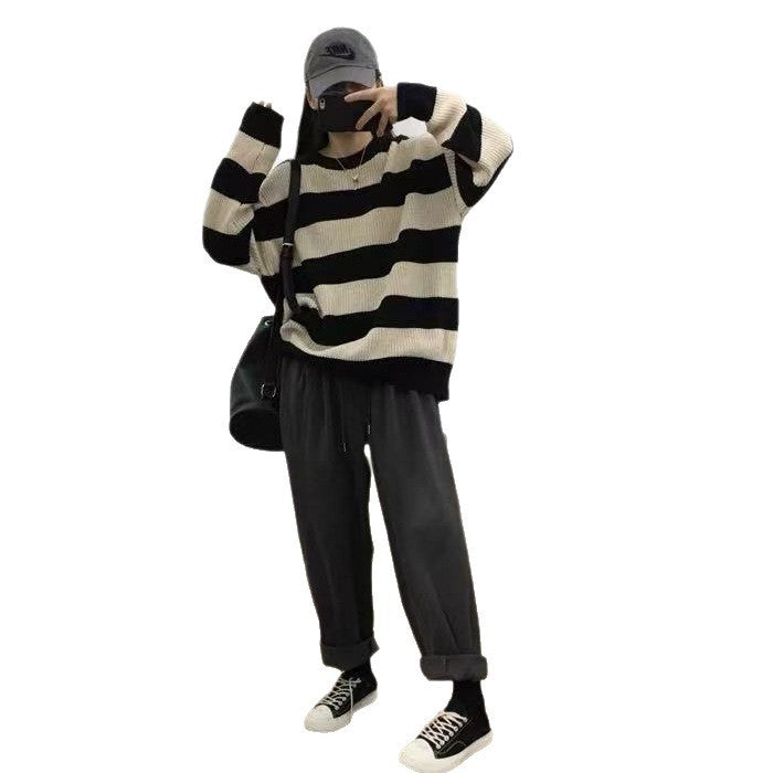 Early Autumn Loose And Lazy Style Striped Sweater For Women