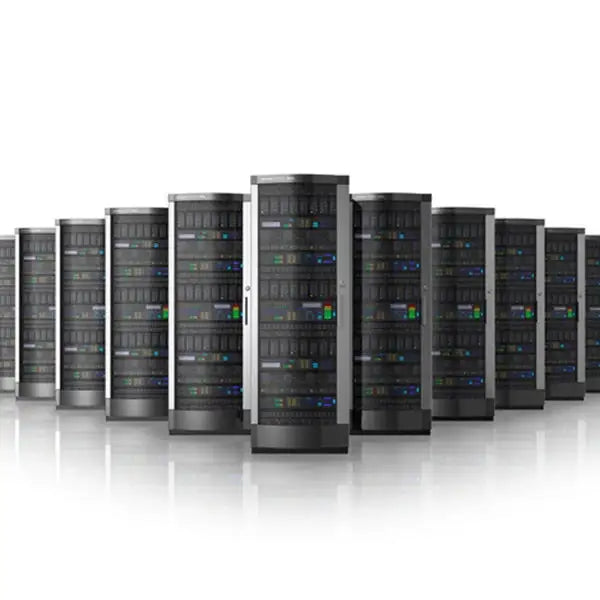Row of server towers on a white background