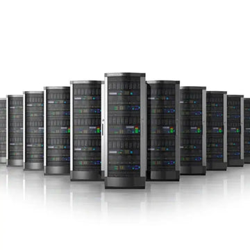 Row of server towers on a white background