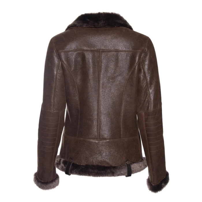 Briselle Brown Leather Shearling Sheepskin Biker Jacket