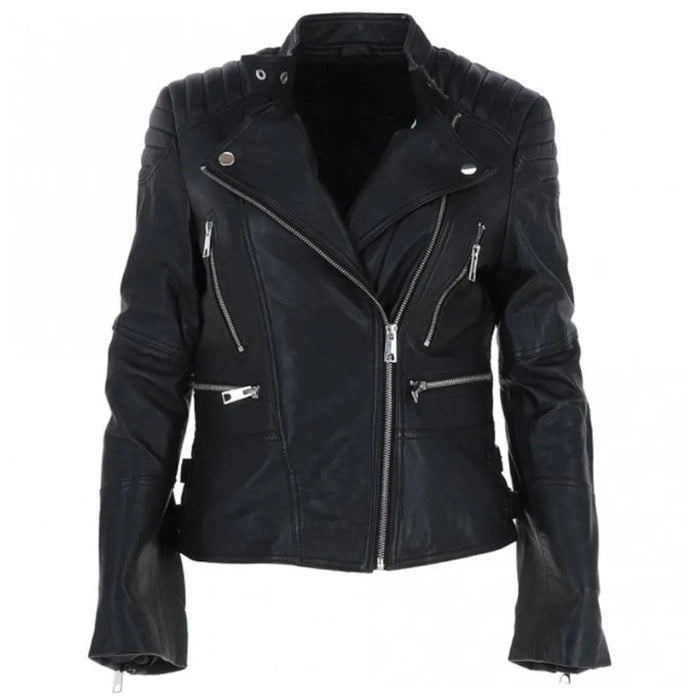 Women's Quilted Shoulder Leather Biker Jacket