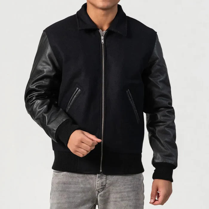 Black Wool Varsity Jacket with Leather Sleeves Zipper Style Byron Collar