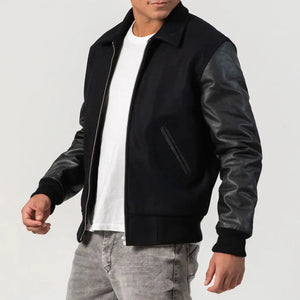 Black Melton Wool Varsity Jacket with Cowhide Leather Sleeves and Zipper