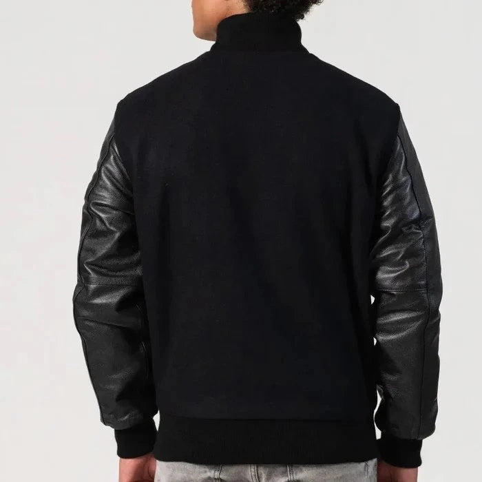 Black Wool Varsity Jacket with Leather Sleeves Zipper Style Byron Collar