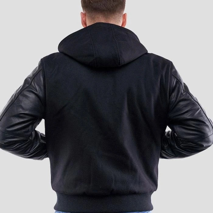 Black Wool Body & Black Leather Sleeves Hoodie Varsity Jacket