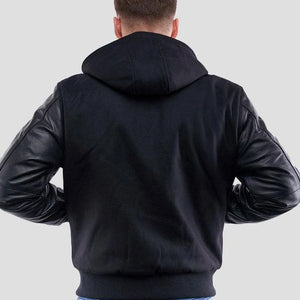 Black Wool Body & Black Leather Sleeves Hoodie Varsity Jacket