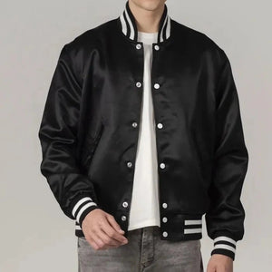 Black Satin Varsity Jacket with White Stripes