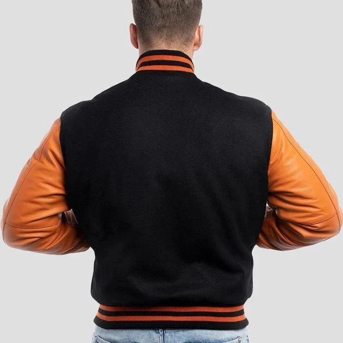 Black Wool Body & Orange Leather Sleeves Varsity Jacket