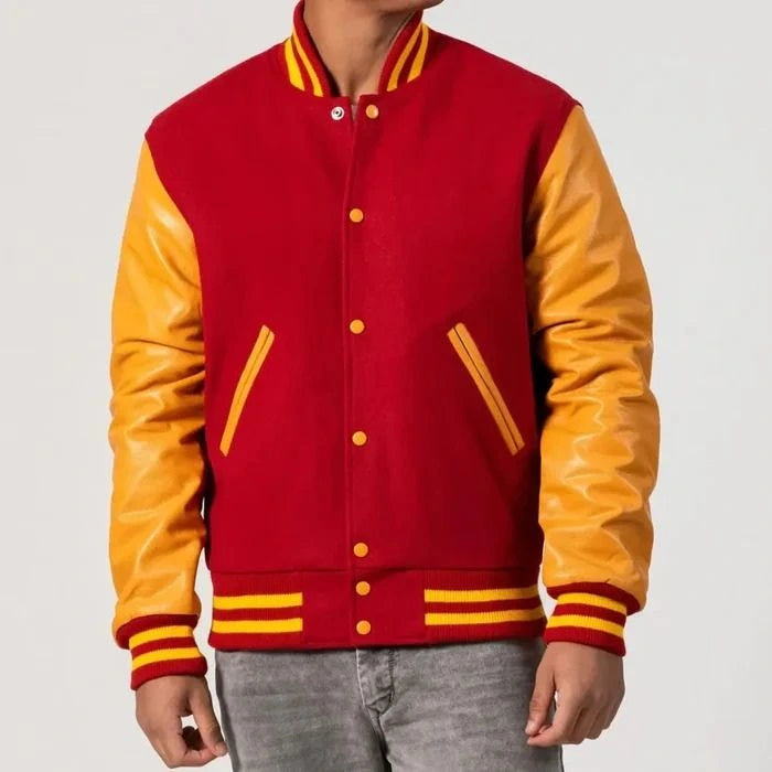 Scarlet Body Varsity Jacket with Bright Gold Leather Sleeves