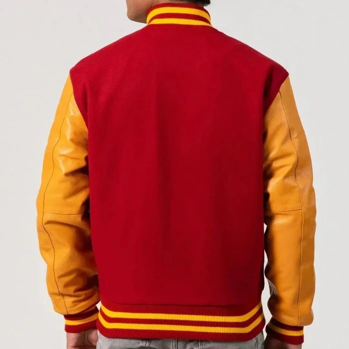 Red Body & Bright Gold Leather Sleeves Varsity Jacket