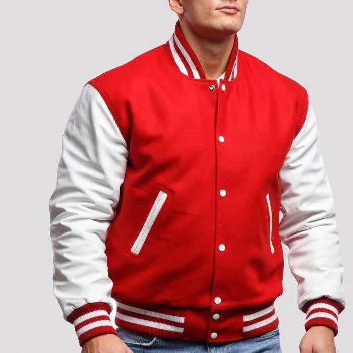 Scarlet Wool Varsity Hoodie Jacket with Bright White Sleeves
