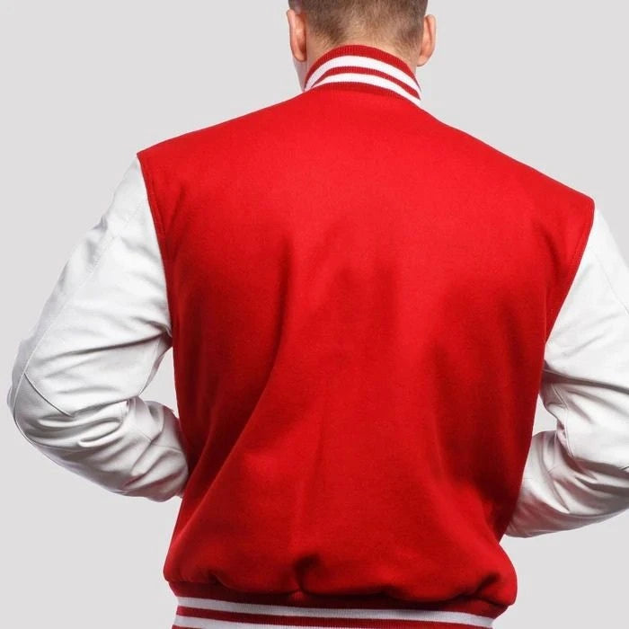Scarlet Wool Varsity Hoodie Jacket with Bright White Sleeves