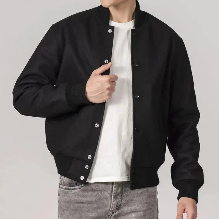 Sleek All-Black Customizable All-Wool Varsity Jacket