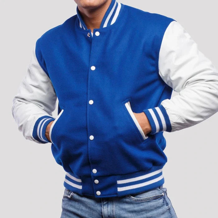 Bright Royal Wool Varsity Hoodie Jacket with Bright White Sleeves