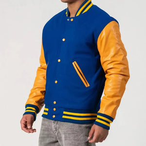 Bright Royal Body Varsity Jacket with Bright Gold Leather Sleeves