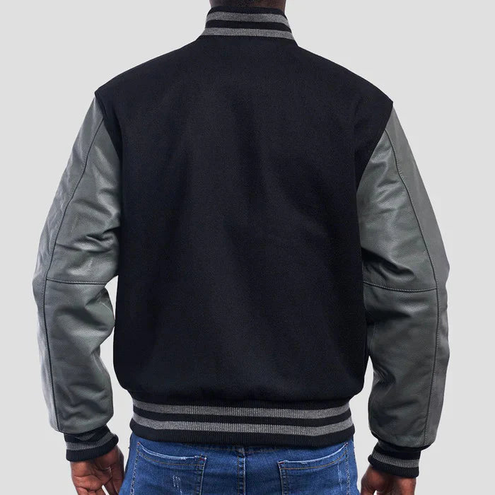 Black Wool Body and Dark Grey Leather Sleeve Varsity Jacket