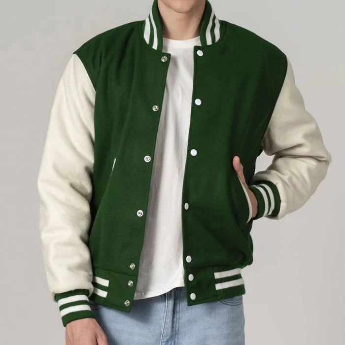 Green & White All Wool Customizable Varsity Jacket