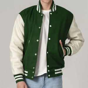Green & White All Wool Customizable Varsity Jacket