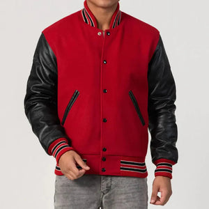 Red Wool Body & Black Sleeves White Stripes Varsity Jacket
