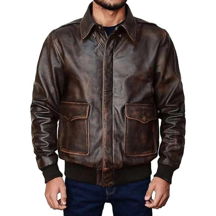 Men's Aviator A2 Distressed Leather Bomber Jacket
