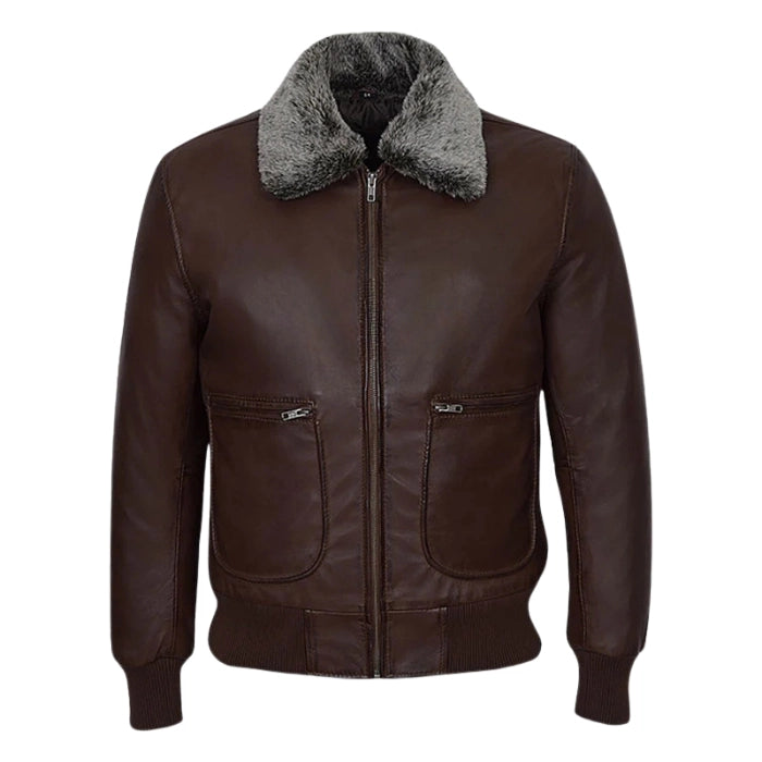 Ravclif Black Bomber Leather Jacket Natural Fur Collar