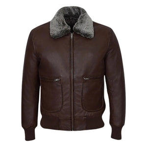 Ravclif Black Bomber Leather Jacket Natural Fur Collar