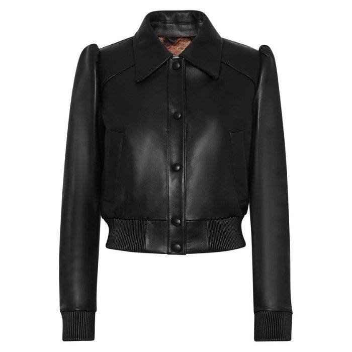 Marisol Puffed Shoulder Leather Bomber Jacket