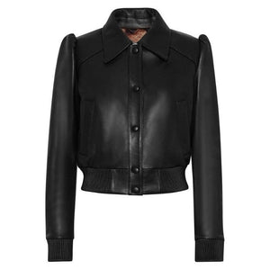 Marisol Puffed Shoulder Leather Bomber Jacket
