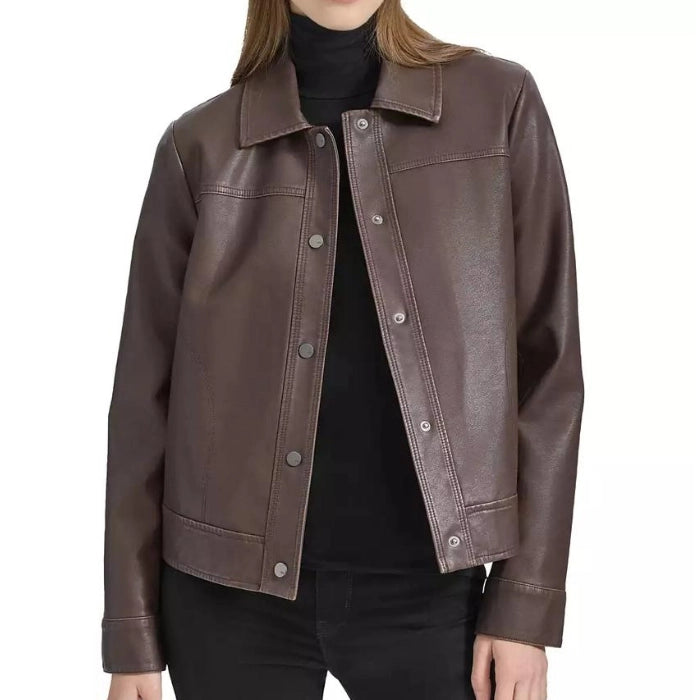 Elise Women Brown Leather Trucker Jacket