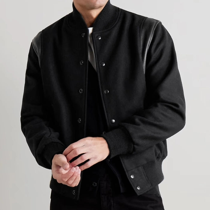 Hayes Black Wool Varsity Jacket with Leather Detail