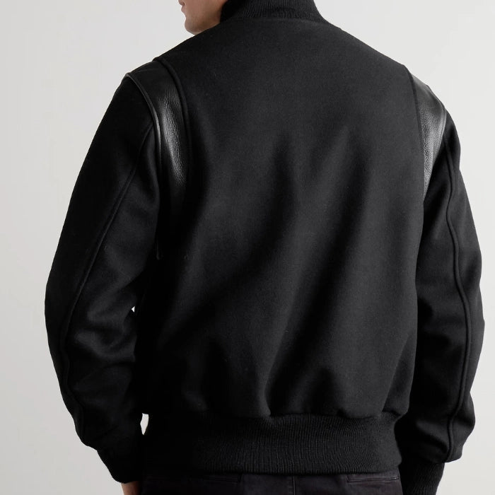 Hayes Black Wool Varsity Jacket with Leather Detail