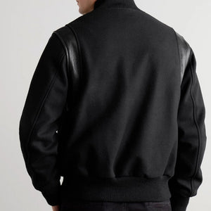 Hayes Black Wool Varsity Jacket with Leather Detail