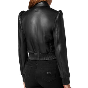 Marisol Puffed Shoulder Leather Bomber Jacket