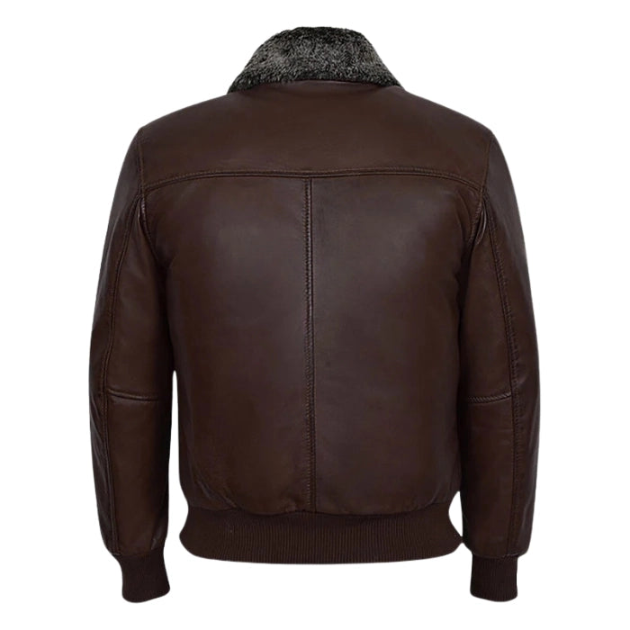Ravclif Black Bomber Leather Jacket Natural Fur Collar