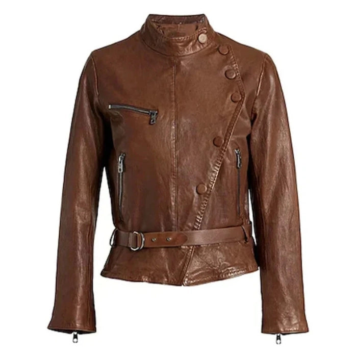 Women's Brown Stylish Button Leather Biker Jacket