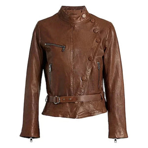 Women's Brown Stylish Button Leather Biker Jacket