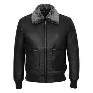 Norveil Shearling Black Fur Collar Leather Bomber Jacket