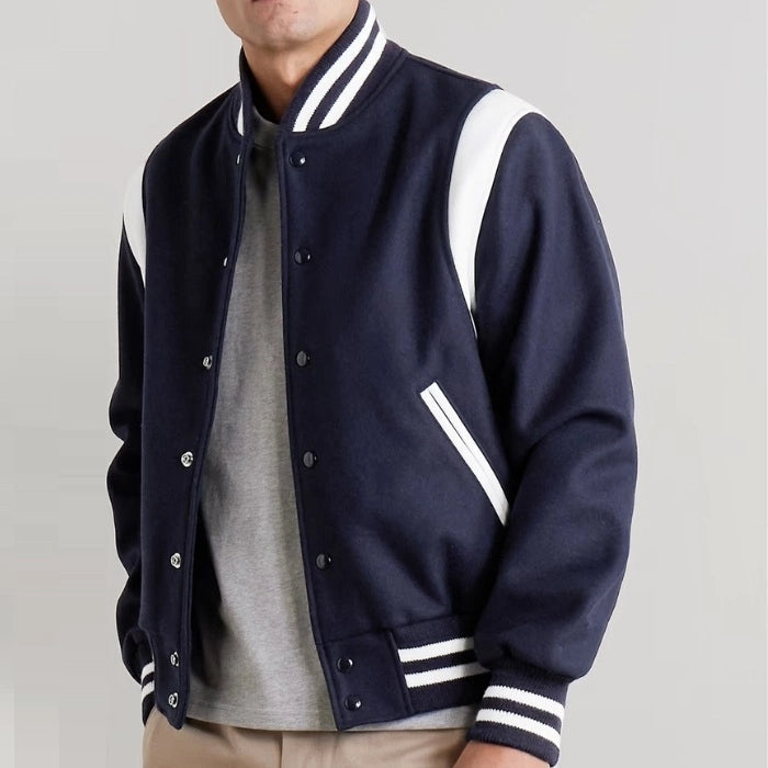 Hayes Navy Wool Varsity Jacket with White Leather Detail