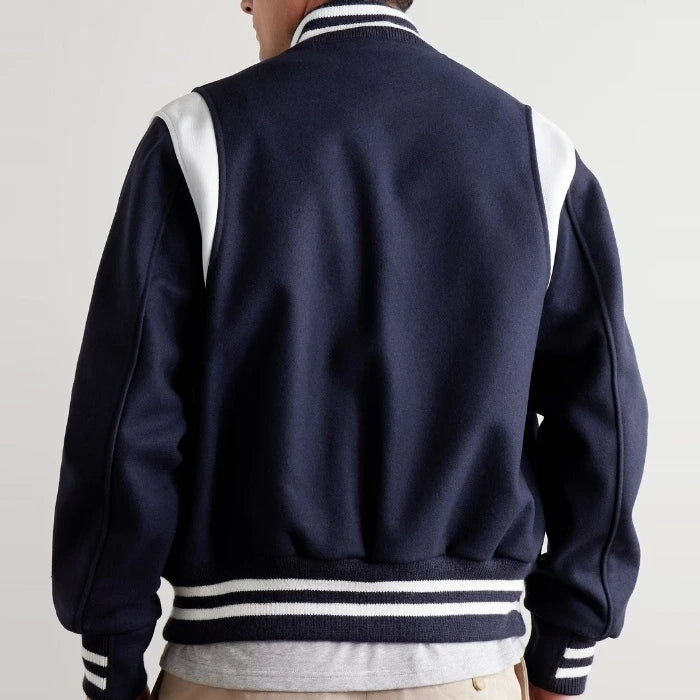Hayes Navy Wool Varsity Jacket with White Leather Detail